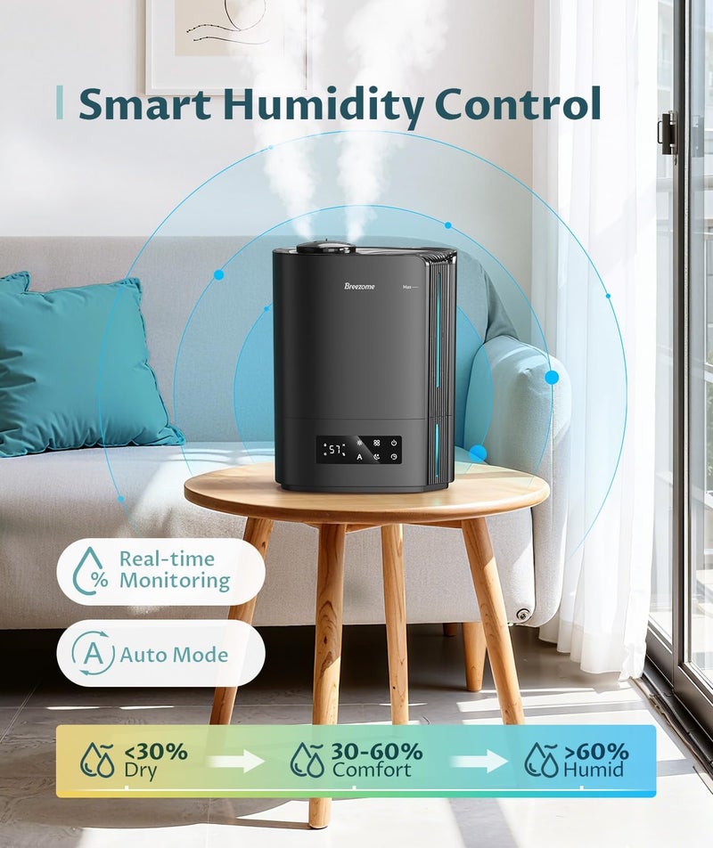 BREEZOME مرطبات 6 لتر لغرفة النوم والغرف الكبيرة وناشر الزيوت الأساسية، مرطبات بالموجات فوق الصوتية تعبئة علوية برذاذ بارد للأطفال والنباتات والحضانة تدوم حتى 60 ساعة، تحكم ذكي في مستوى الرطوبة، هادئ، أسود - Image 3
